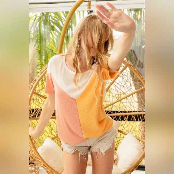 BiBi Round Neck Color Block Short Sleeve Knit Sweater - Picture 3 of 8